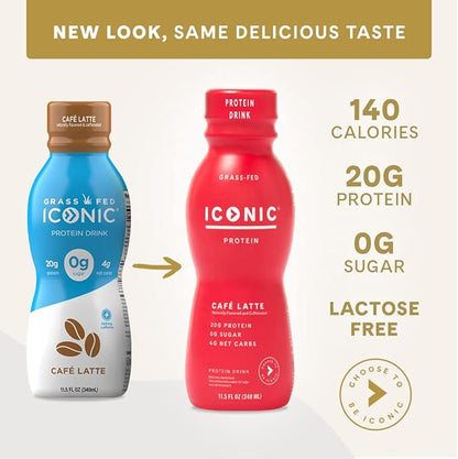 Iconic Protein Drinks, Café Latte (12 Pack) - Sugar Free & Low Carb - 20g Protein + 100mg Caffeine - Lactose Free, Gluten Free - Keto Friendly Protein Coffee