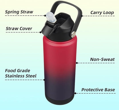 Insulated Water Bottle with Straw Lid,24 oz Stainless Steel Vacuum Metal Bottle with Silicone Handle,Rosy Red