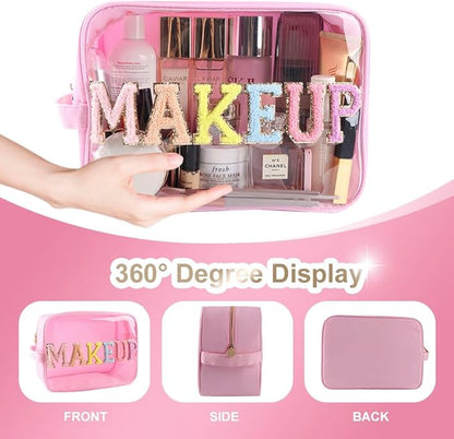 Large Clear Glitter Patches MAKEUP Pouch Preppy Transparent TPU and Nylon Cosmetic Bag Women (Pink-Makeup)