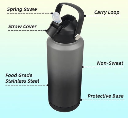 Insulated Water Bottle with Straw Lid,32 oz Stainless Steel Vacuum Metal Bottle with Silicone Handle,Gray Black