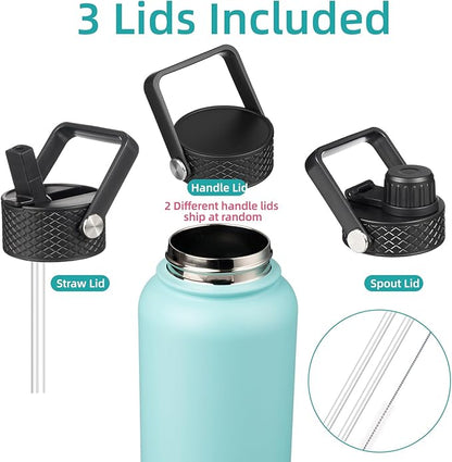 32 oz Insulated Water Bottle Stainless Steel Sport Bottles with 3 Lids,Turquoise