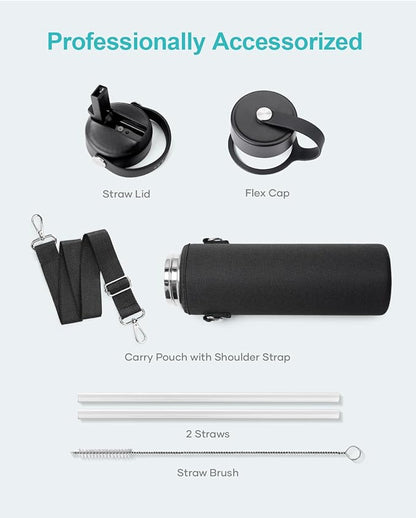 BUZIO Insulated Water Bottle with Straw Lid and Flex Cap, 22oz Modern Double Vacuum Stainless Steel Water Flask, Cold for 48 Hrs Hot for 24 Hrs Simple Thermo Canteen Mug, Indigo Black