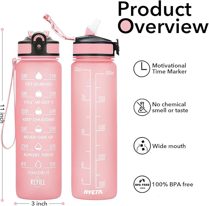 Hyeta 32 oz Water Bottles with Times to Drink and Straw, Motivational Water Bottle with Time Marker, Leakproof, Drinking Sports Water Bottle for Fitness, Gym and Outdoor