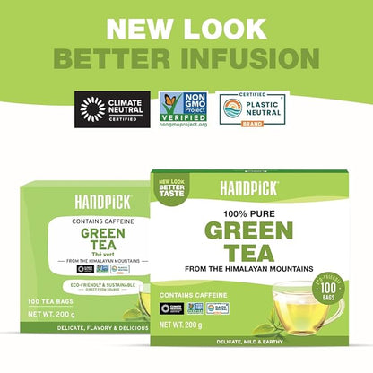 HANDPICK, Green Tea Bags - 100 Eco-Friendly Tea Bags | Resealable Pack for Freshness | Delicate & Flavory | Direct From India