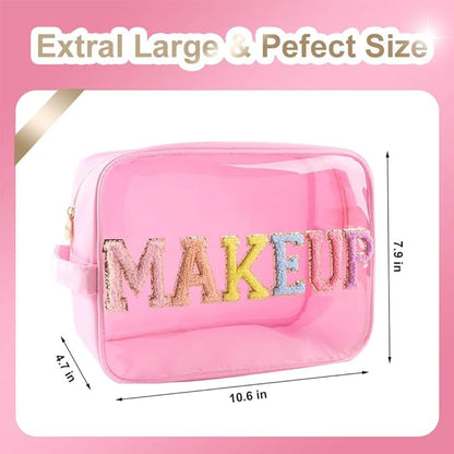 Large Clear Glitter Patches MAKEUP Pouch Preppy Transparent TPU and Nylon Cosmetic Bag Women (Pink-Makeup)