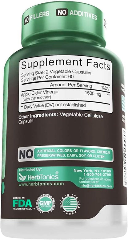 Herbtonics Raw Apple Cider Vinegar Capsules 1500mg with Mother | Weight Management, Detox & Digestion Formula with GLP-1 Support | Unfiltered ACV for Metabolic Support | 120 Vegan Capsules