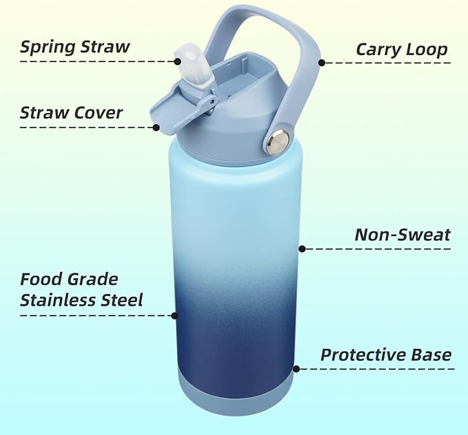 Insulated Water Bottle with Straw Lid,24 oz Stainless Steel Vacuum Metal Bottle with Silicone Handle,Sky