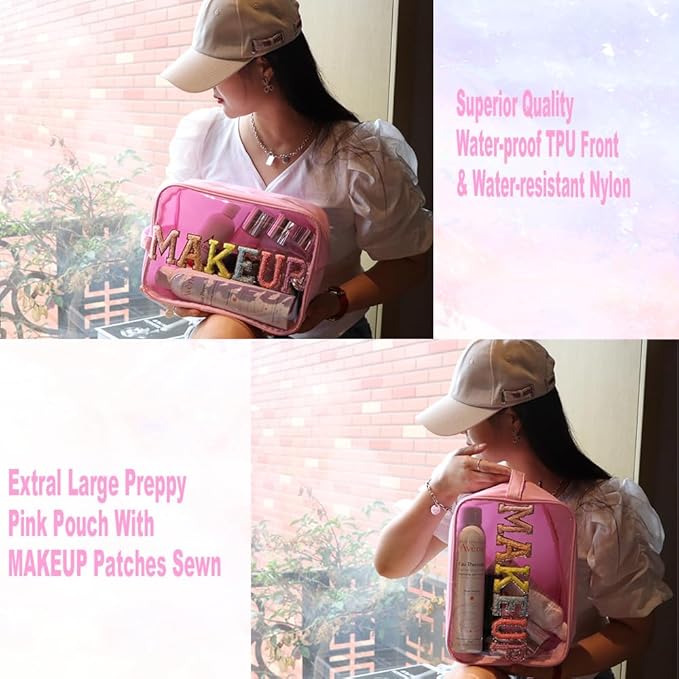Large Clear Glitter Patches MAKEUP Pouch Preppy Transparent TPU and Nylon Cosmetic Bag Women (Pink-Makeup)