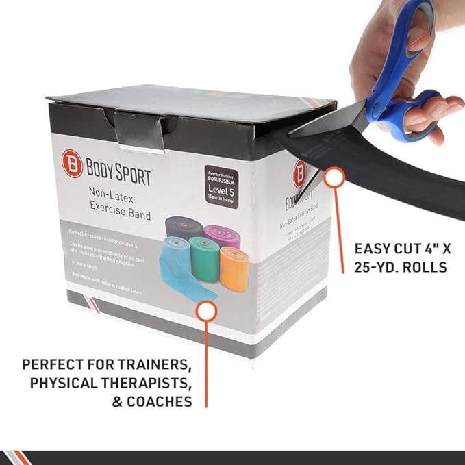 Body Sport Exercise Band, 25 yd. x 4 in. Roll, Medium Resistance - Home & Gym Fitness Equipment for Stretching, Strength Training & Physical Therapy (Orange)