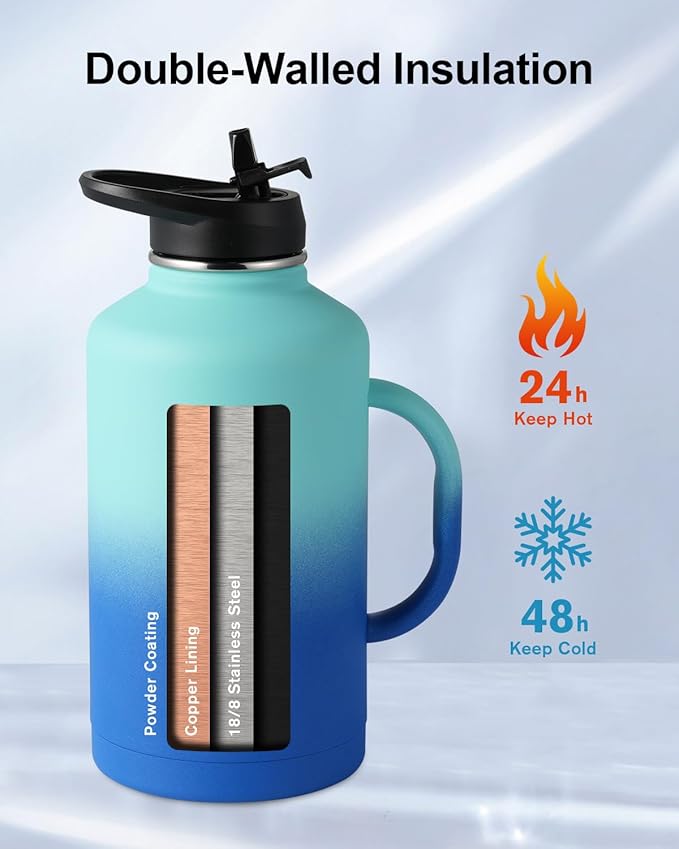 Trebo Half Gallon Water Bottle Insulated with Handle, 64 oz Double Wall Stainless Steel Metal Large Jug, Travel Flask with Straw Spout Lid, Mug Tumbler Cup with Carry Pouch, Keep Cold Hot, Blue