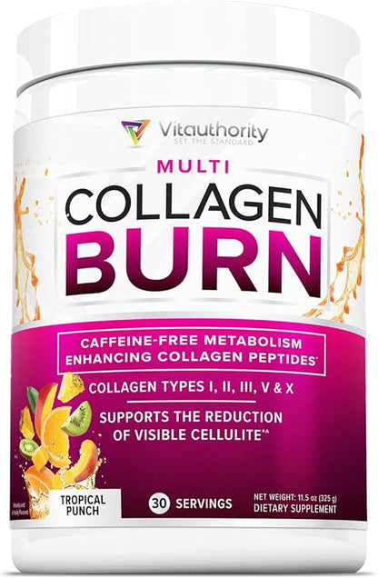 Hydrolyzed Collagen Peptides Powder for Women - Slimming MultiCollagen Burn Ultimate Beauty Complex with Hyaluronic Acid Vitamin C & Types I II III V and X for Women Tropical Punch 30 Servings
