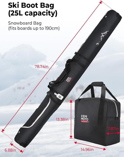 KEMIMOTO Ski Bag and Boot Bag Combo, Snowboard Bag Padded Ski Bags for Air Travel, Snow Ski Bags Fit Skis Up to 200cm, Ski Double Bag Combo