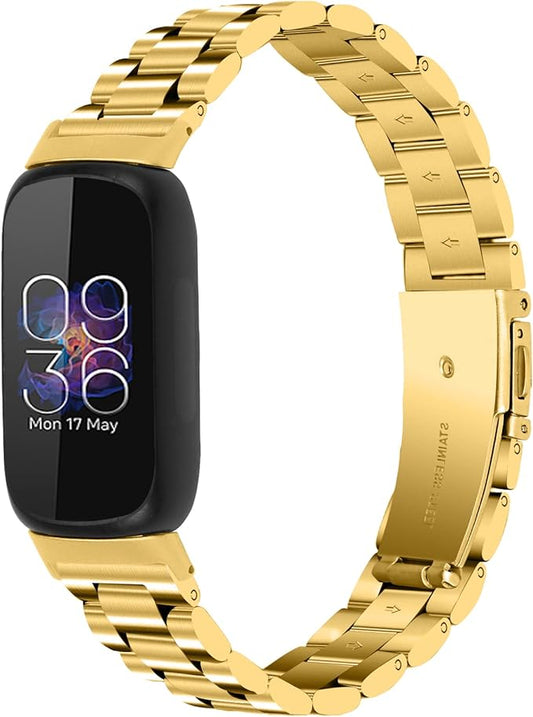 Stainless Steel Band Compatible with Fitbit Inspire 3, Adjustable Metal Watch Bands Bracelets，Wristband Replacement for Women Men (Gold)