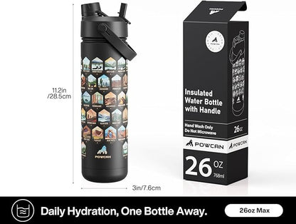 26 oz National Parks Water Bottle with Waterproof Stickers: 2-in-1 Straw Spout Lid, Keep Cold 24H, Leakproof, Car CupHolder Friendly, Insulated Stainless Steel Cup for Travel, Sports, School (Black)