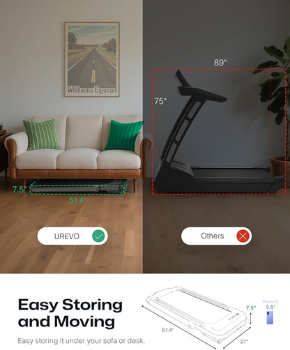 Smart Treadmill with 9% Auto Incline, Hiking and Running Walking Pad Treadmills for Home Office, Treadmill with UREVO APP, AI Powered Music Course, HIIT Programs Synced to Scenic Route, One-Click Mute