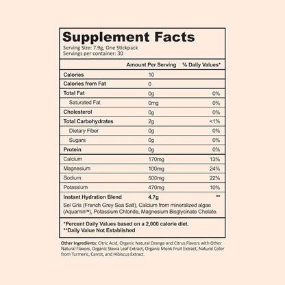 Instant Hydration Electrolytes Powder Packets - Citrus Orange Drink Mix - Zero Sugar - Keto, Vegan, Gluten-Free, Non-GMO - Boost Recovery, Brain Health, Muscle & Tissue Support- 30 Sticks