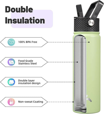 22oz Stainless Steel Bottles with 3 Lids Sport Insulated Water Bottle,Macaron Green