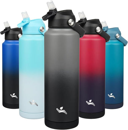 Insulated Water Bottle with Straw Lid,40 oz Stainless Steel Vacuum Metal Bottle with Silicone Handle,Gray Black