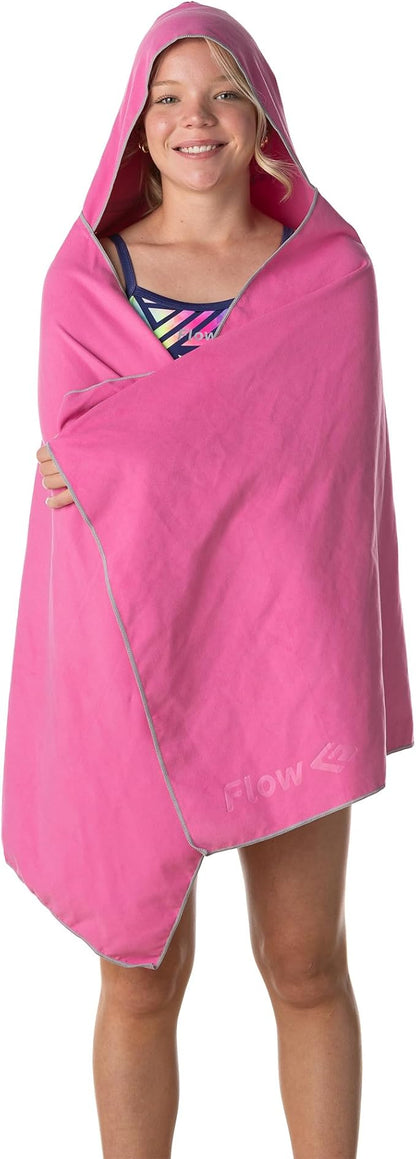 Flow Hydro Sport Towel - Microfiber Quick Dry Swimming Towels for Swim, Pool, Triathlon, and Other Water Sports in Medium, Large, Extra Large, and Hooded Sizes (Pink, Large w/Hood)