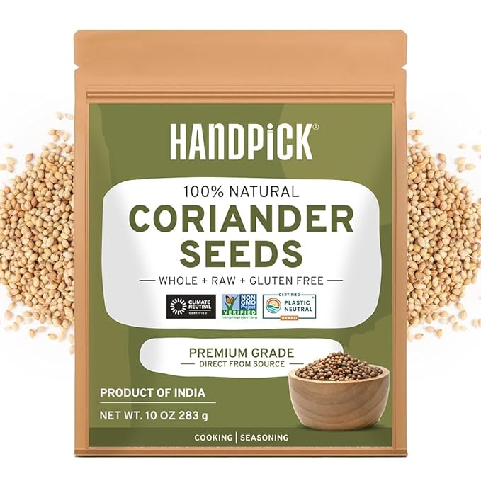 HANDPICK Whole Coriander Seed (283g/10oz) Premium Grade | Pure & Flavorful Coriander Seeds - Indian Origin | Non GMO, Gluten Free | Perfect for Cooking & Seasoning | Resealable Ziplock Pouch