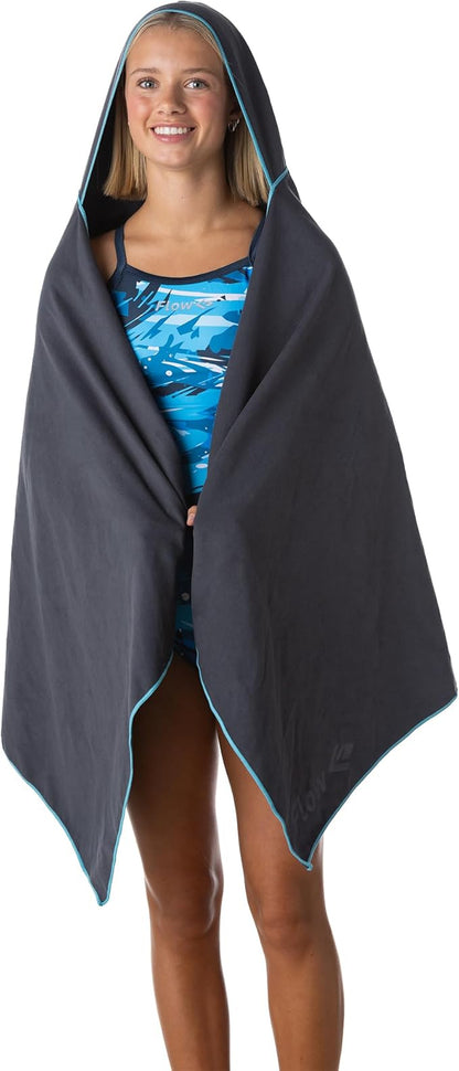 Flow Hydro Sport Towel - Microfiber Quick Dry Swimming Towels for Swim, Pool, Triathlon, and Other Water Sports in Medium, Large, Extra Large, and Hooded Sizes (Gray, Large w/Hood)
