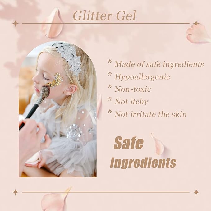 Face Body Glitter, Hair Glitter Sparkles Chunky Face Glitter Gel for Girls Makeup Singer Concerts Mermaid Festival Sequins Face Paint (Pink+Blue+Purple+Rose+White+Silver+Gold)