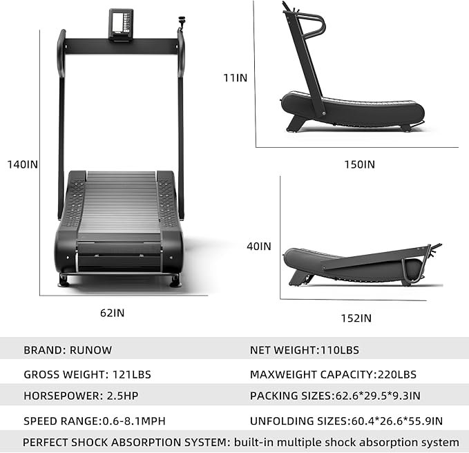 Exercise Treadmills，Manual Curved Treadmill ，Foldable， Non-Electric， Walking/Running Machine with LCD for Home & Office ，Black