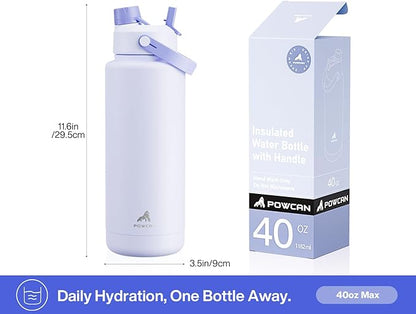 40 oz Insulated Water Bottle with 2-in-1 Straw and Spout Lid, Keep Cold 24H, Leak-Proof, BPA-Free, Double Wall Stainless Steel Water Bottle for Sports, Gym, Travel, and School (Lupine)