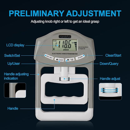 Handeful Grip Strength Tester Trainer - Dynamometer Handgrip Measurer Meter, Handheld Strengthener Exerciser for Sports, School, and Home Use (198Lbs / 90Kgs)