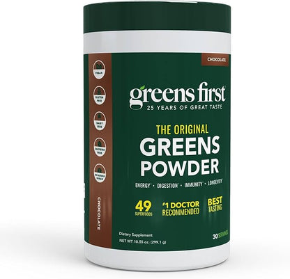 Greens First Original Greens Powder - 49 Superfoods - Organic Fruits & Veggies - Prebiotics, Probiotics & Digestive Enzymes - Antioxidant Smoothie - Dairy Free, Vegan, Non-GMO (Chocolate, 30 Servings)