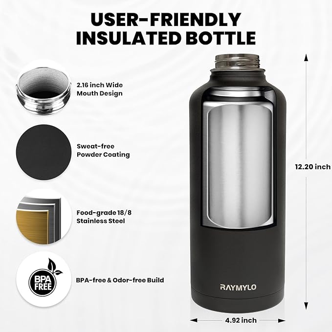 Insulated Water Bottle 87 oz, Triple Wall Vacuum Stainless Steel (Cold for 48 Hrs), Leak Proof & Non-BPA, Modern Water Flask Jug with Paracord Handle & Straw Spout Lids, Magic Black