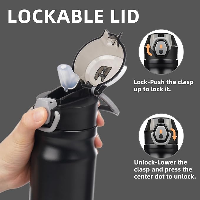 Insulated Water Bottle with Straw and Carry Loop,18 oz Stainless Steel Double Wall Vaccum Metal Water Flask with Leak-proof Lid,Black