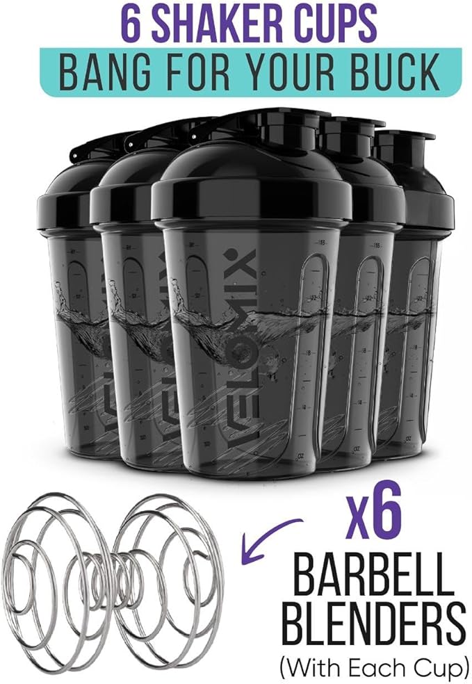 '-6 PACK- Shaker Cups for Protein Shakes 20 oz - 6x Wire Whisk | Leak Proof Protein Shaker Bottle for Protein Shakes, Shaker Bottle Pack for Pre & Post Workout, Shaker Cup (ALL IN BLACK)