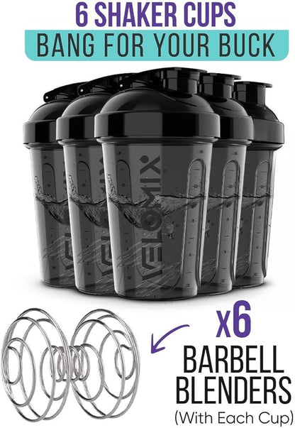 '-6 PACK- Shaker Cups for Protein Shakes 20 oz - 6x Wire Whisk | Leak Proof Protein Shaker Bottle for Protein Shakes, Shaker Bottle Pack for Pre & Post Workout, Shaker Cup (ALL IN BLACK)