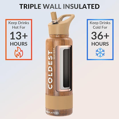 Coldest Insulated Water Bottle with Straw Lid - Stainless Steel Metal Insulated Bottle for Men & Women (Executive Wood, 40 oz)