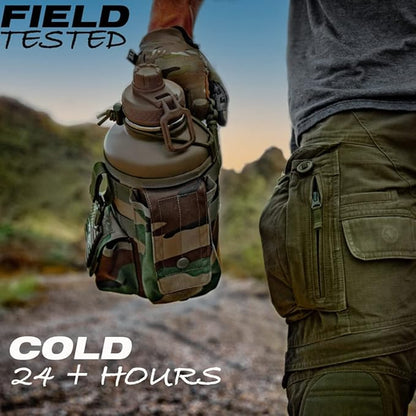 Iron Infidel Battle Bottle - Half Gallon Water Bottle Insulated, 64 oz Stainless Steel Water Jug with Handle- Gym Water Bottle for Men with Rugged Sleeve for Storage (Woodland 2 Liter)