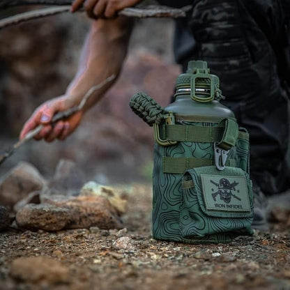 Iron Infidel Battle Bottle - Half Gallon Insulated Stainless Steel Water Jug with Handle - Gym Bottle for Men with Rugged Sleeve (Overland 2 Liter)