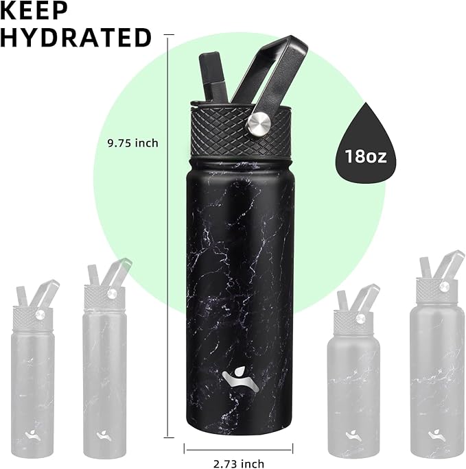 18 oz Insulated Water Bottle Stainless Steel Sport Bottles with 3 Lids,Marble Midnight