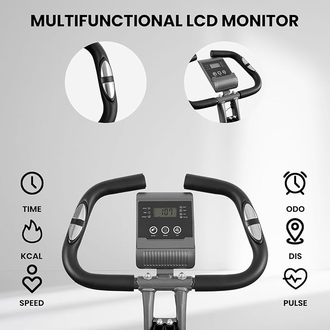 Exercise Bike Stationary Bike Folding Exercise Bike with 10 Level Adjustable Magentic Resistance Support Back Pad and Phone/Tablet Holder Arm Resistance Band Pulse Sensor LCD Monitor for Home Workout 265 LB Capacity