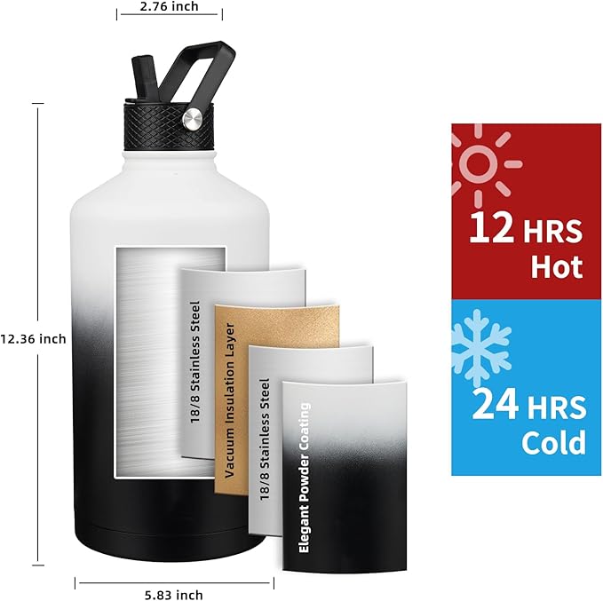 Insulated Water Bottle 64oz,Triple Wall Vacuum Stainless Steel(Dishwasher Safe),Leak Proof & Non-BPA,Flask Jug with Paracord Handle & Straw Spout Lids Sports