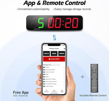 15.2" Gym Timer, App & Remote Control, Customizable LED Colors, Workout Interval Timer Stopwatch Countdown Large Digital Wall Clock for Home Gym