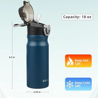 Insulated Water Bottle with Straw and Carry Loop,18 oz Stainless Steel Double Wall Vaccum Metal Water Flask with Leak-proof Lid,Navy blue
