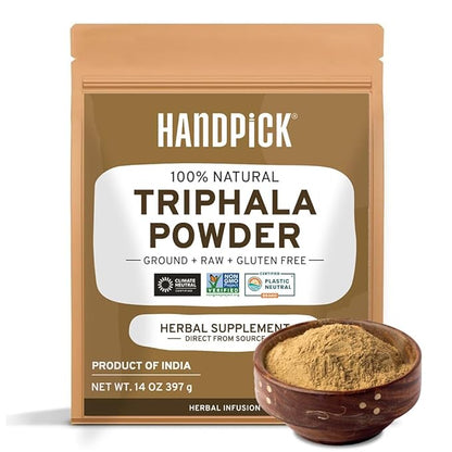 HANDPICK Triphala Powder (397g/14oz) Non GMO, Gluten Free, 100% Raw, Sourced from India, Herbal Formula of Amla, Haritaki, Bibhitaki, Packed in Resealable Zip Lock Pouch