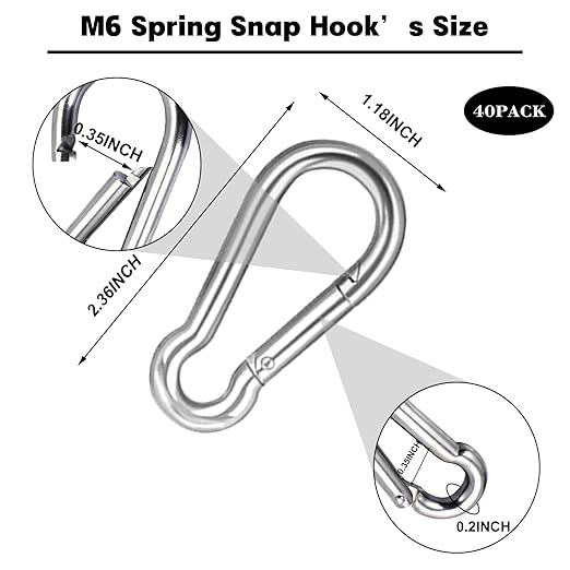 40 PCS 2.36'' Spring Snap Hook Carabiner, M6 1/4 Inch Galvanized Silver Steel Carabiner Clip, Small Carabiner Clip 260LBS Holding Capacity Quick Link Clip Keychain for Hammock Dog Leash & Camping Gym