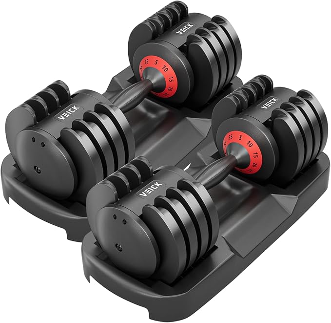 VEICK 25/55 lbs Adjustable Dumbbell with Anti-Slip Turning Handle, Fast Adjust Weight for Men Women, Exercise Equipment with Tray for Home Gym Full Body Workout Fitness