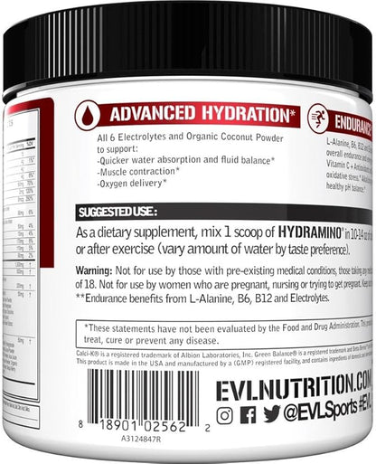 Evlution Nutrition HYDRAMINO Complete Hydration Multiplier, All 6 Electrolytes, Vitamin C & B, Fluid Boosting Aminos, Coconut Water, Endurance, Recovery, Antioxidants, 30 Serve, Fruit Punch
