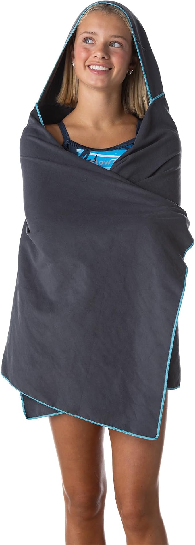 Flow Hydro Sport Towel - Microfiber Quick Dry Swimming Towels for Swim, Pool, Triathlon, and Other Water Sports in Medium, Large, Extra Large, and Hooded Sizes (Gray, Large w/Hood)