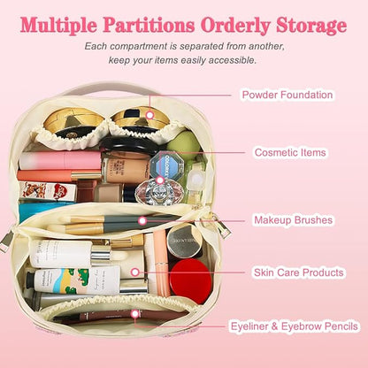 Large Capacity Travel Cosmetic Bag, Synthetic Leather Open Flat Makeup Bag for Women Letter Toiletry Bag with Dividers and Handle