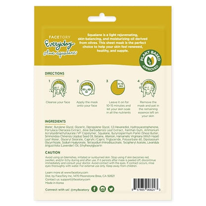FACETORY K Beauty Face Mask Skin Care - Everyday OLIVE Skin Balancing Sheet Mask | Plant-Based with Squalane Oil (10 Pack)