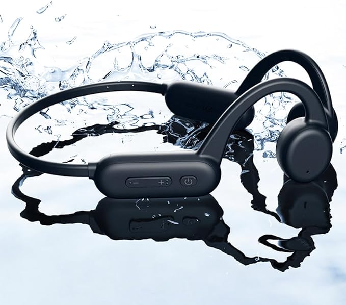 IHAO Swimming Headphones True Bone Conduction Open Ear Headset MP3 Player Built-in 32G Memory IP68 Underwater Waterproof Stereo Bluetooth Earphone for Driving Bicycling Running Skiing-X18 Black